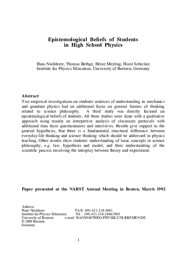 (PDF) Epistemological Beliefs of Students in High School Physics