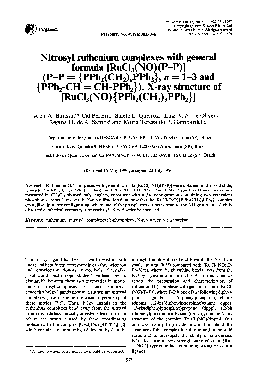 (PDF) Nitrosyl ruthenium complexes with general formula [RuCl 3(NO)(PP ...