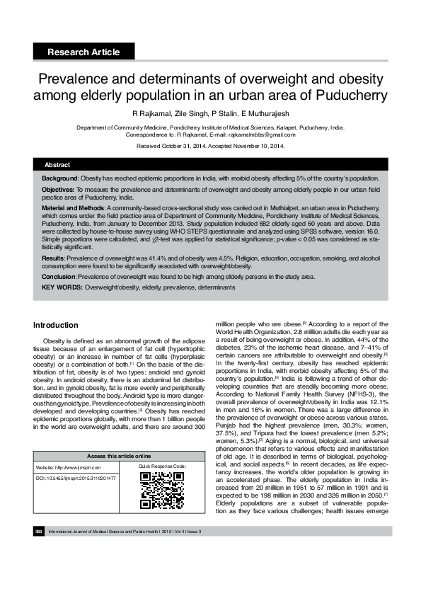(PDF) Prevalence and determinants of overweight and obesity in adult ...