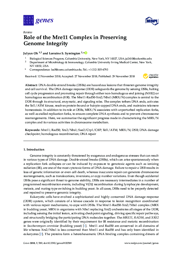 (PDF) Role of the Mre11 Complex in Preserving Genome Integrity