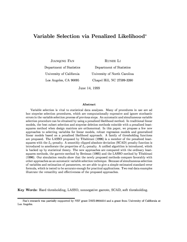 (PDF) Variable selection via penalized likelihood