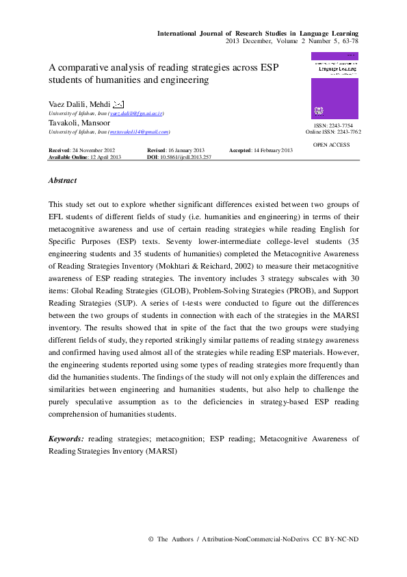 (PDF) A comparative analysis of reading strategies across ESP students ...