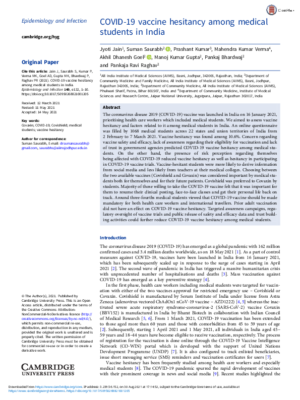 (PDF) COVID-19 vaccine hesitancy among medical students in India