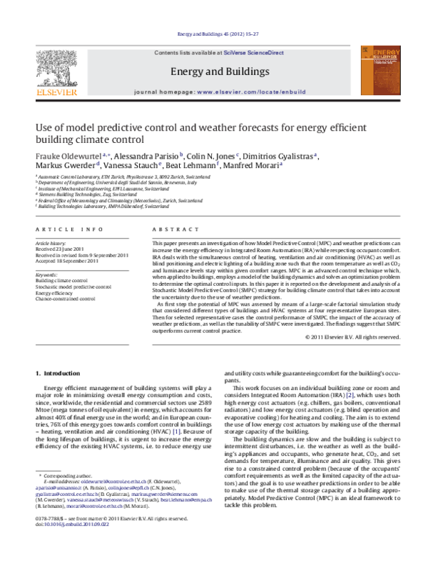 (PDF) Use of Model Predictive Control and Weather Forecasts for Energy ...