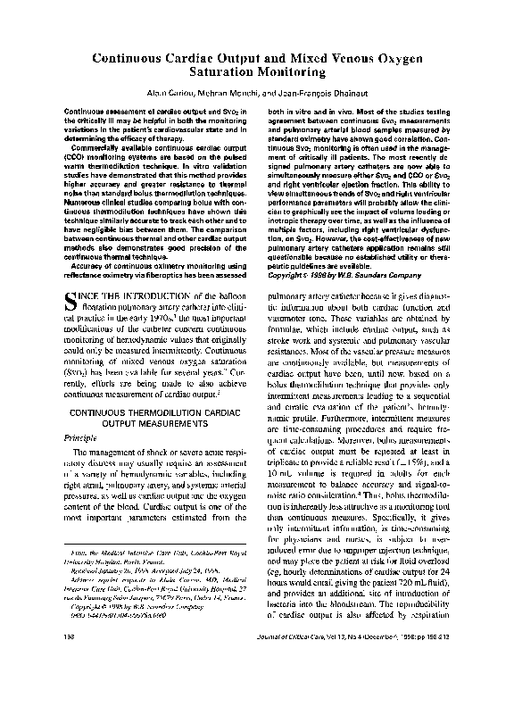 (PDF) Continuous cardiac output and mixed venous oxygen saturation ...