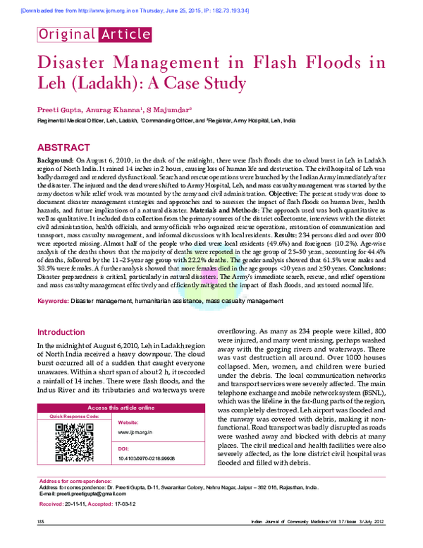 (PDF) Disaster management in flash floods in Leh (Ladakh): A case study