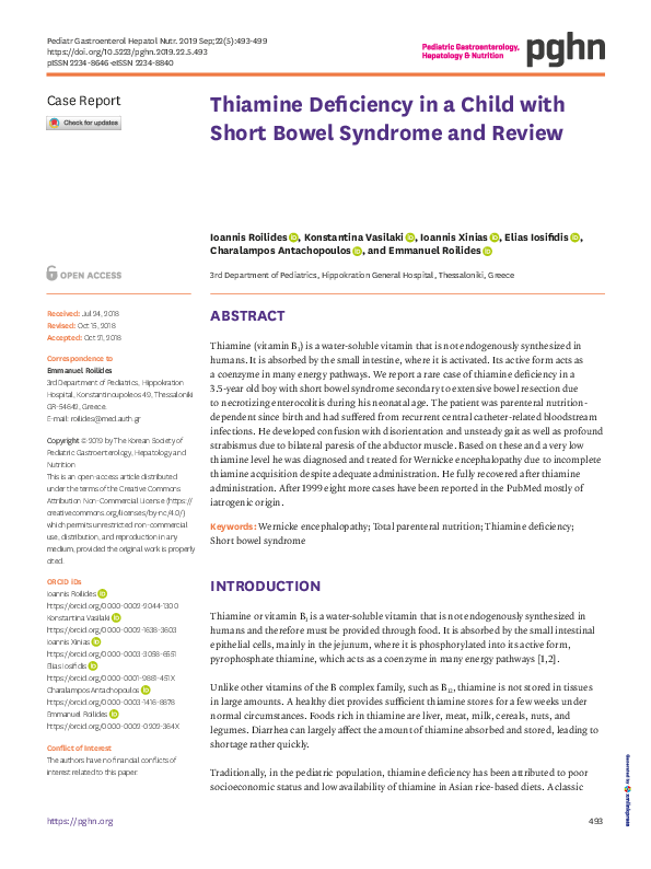 (PDF) Thiamine Deficiency in a Child with Short Bowel Syndrome and Review