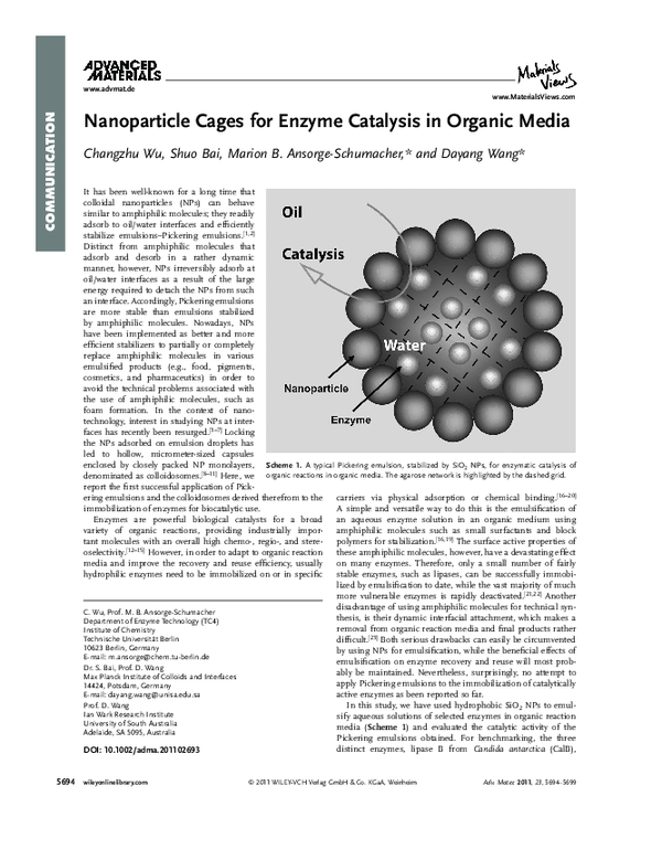 (PDF) Nanoparticle Cages for Enzyme Catalysis in Organic Media