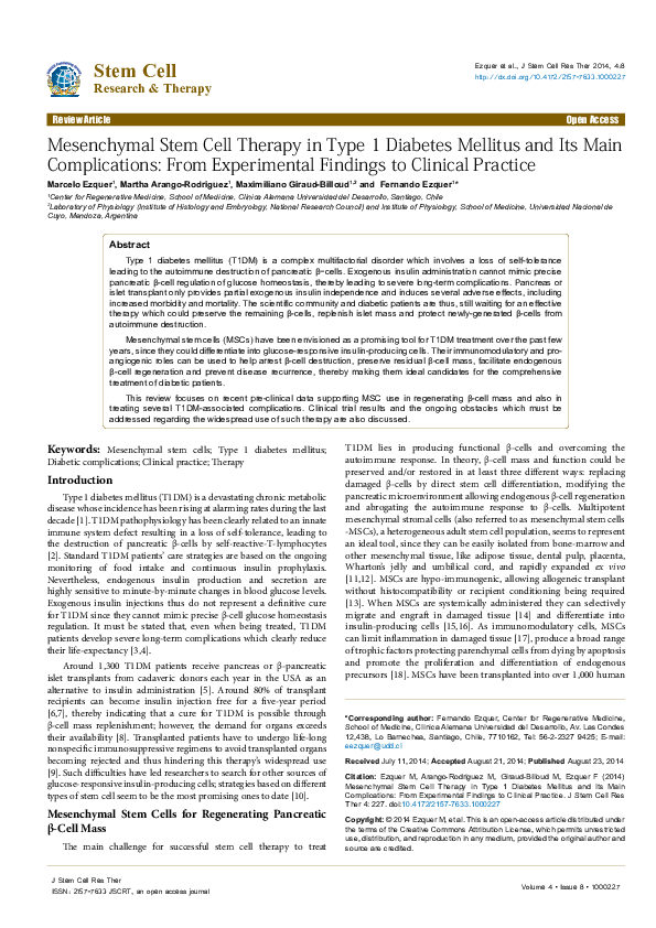 (PDF) Mesenchymal Stem Cell Therapy in Type 1 Diabetes Mellitus and Its ...