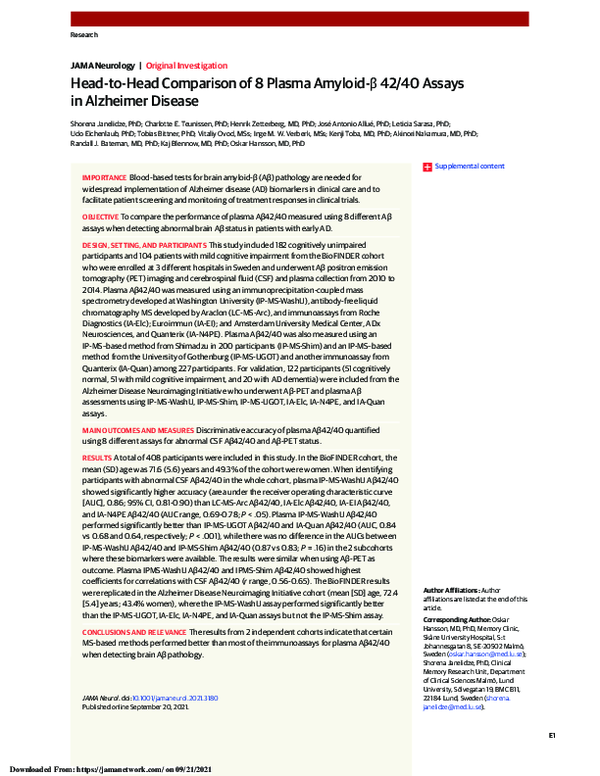 (PDF) Head-to-Head Comparison of 8 Plasma Amyloid-β 42/40 Assays in ...