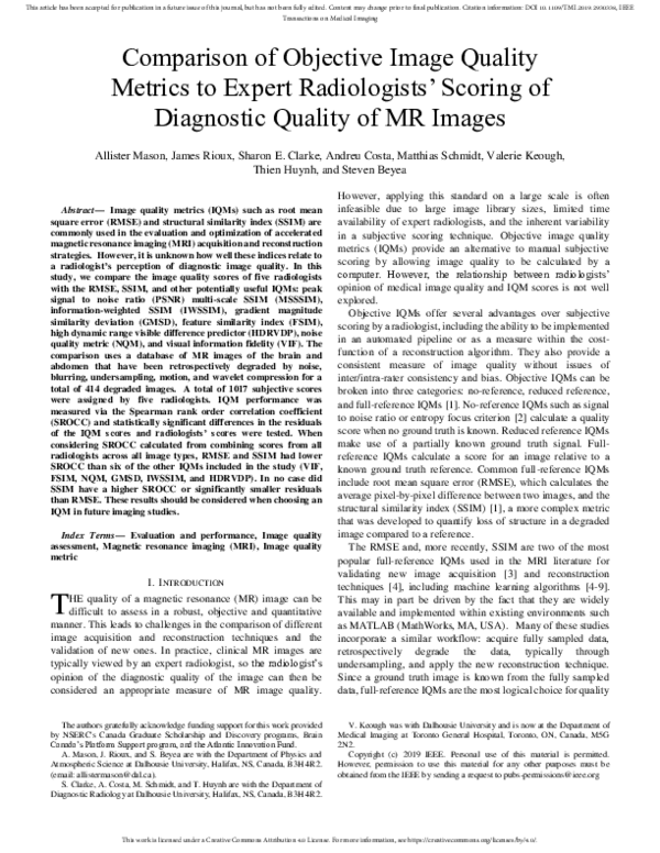 (PDF) Comparison of Objective Image Quality Metrics to Expert ...