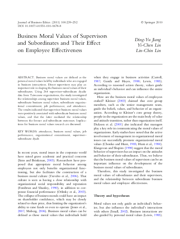 (PDF) Business Moral Values of Supervisors and Subordinates and Their ...
