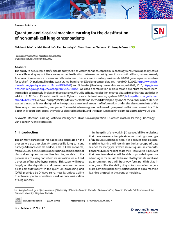 Pdf Quantum And Classical Machine Learning For The Classification Of Non Small Cell Lung Pdf Quantum And Classical Machine Learning For The Classification Of Non Small Cell Lung