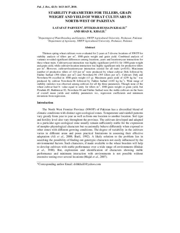 (PDF) Stability Parameters for Tillers, Grain Weight and Yield of Wheat ...