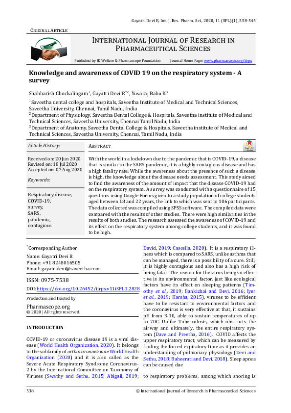 (PDF) Knowledge and awareness of COVID 19 on the respiratory system - A ...