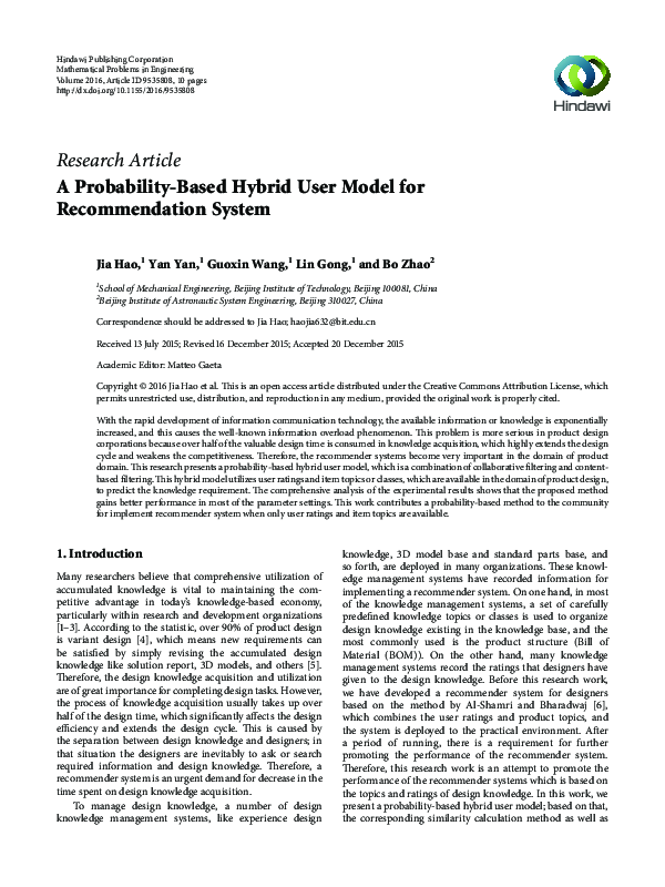 (PDF) A Probability-Based Hybrid User Model for Recommendation System