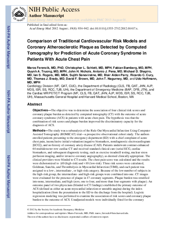 (PDF) Comparison of Traditional Cardiovascular Risk Models and Coronary ...