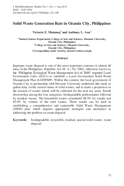 (PDF) Solid Waste Generation Rate in Ozamiz City, Philippines