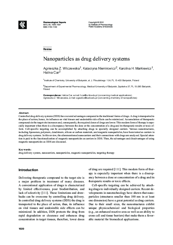 (PDF) Nanoparticles as drug delivery systems