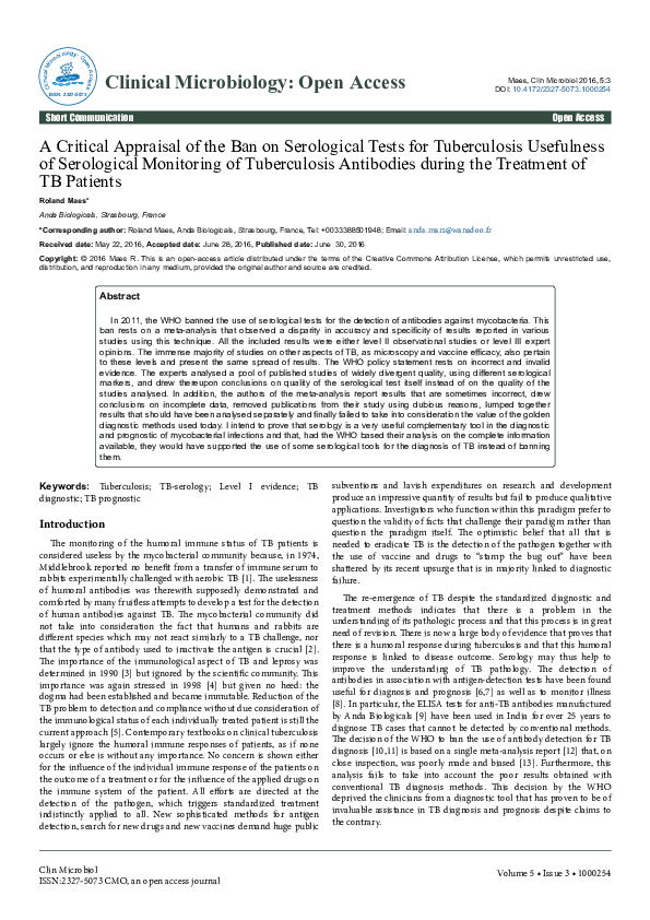 (PDF) A Critical Appraisal of the Ban on Serological Tests for ...