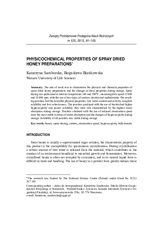 (PDF) Physicochemical Properties of Spray Dried Honey Preparations