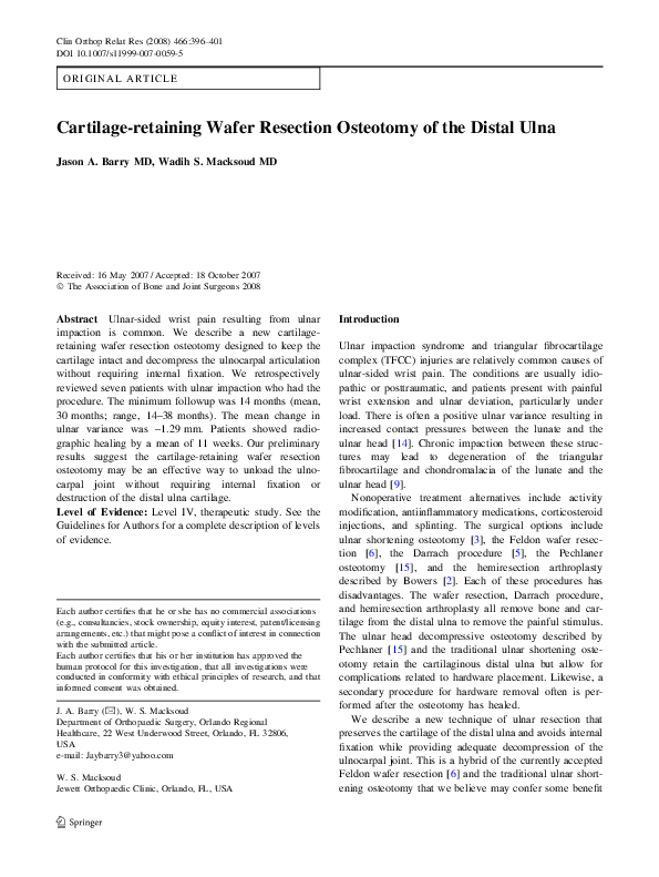 (PDF) Cartilage-retaining Wafer Resection Osteotomy of the Distal Ulna