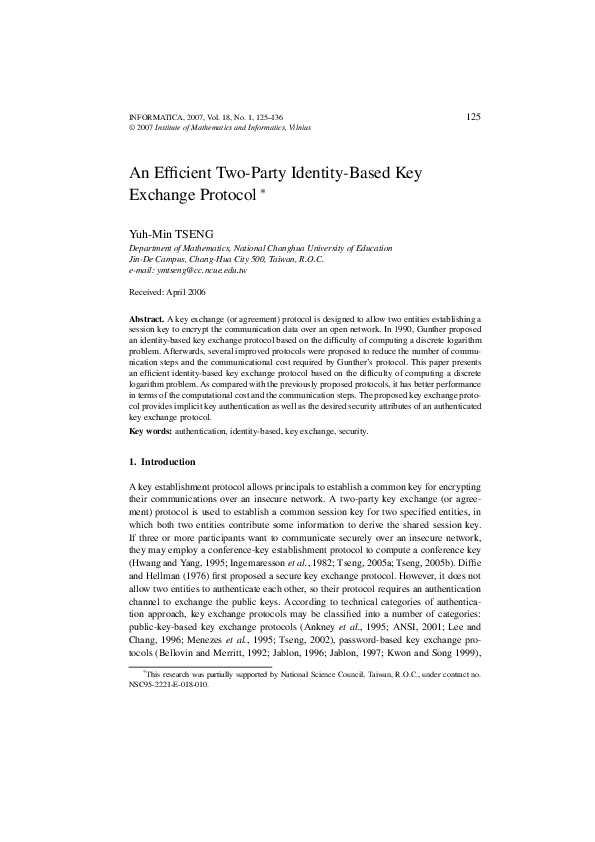 (PDF) An Efficient Two-Party Identity-Based Key Exchange Protocol