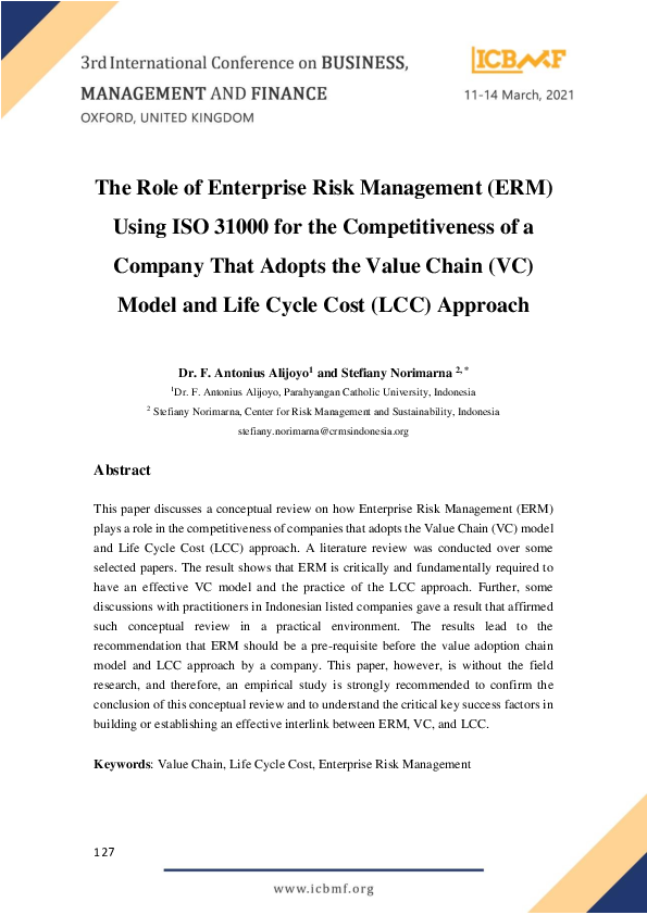 PDF) The Role of Enterprise Risk Management (ERM) Using ISO 31000 for the  Competitiveness of a Company That Adopts the Value Chain (VC) Model and  Life Cycle Cost (LCC) Approach | Antonius