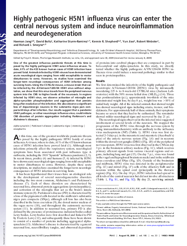 (PDF) Highly pathogenic H5N1 influenza virus can enter the central ...