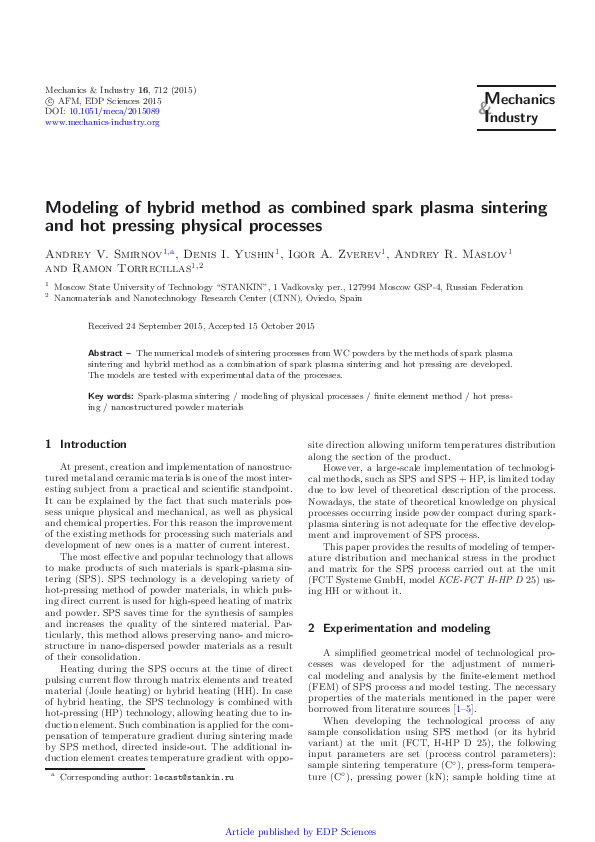 (PDF) Modeling of hybrid method as combined spark plasma sintering and ...