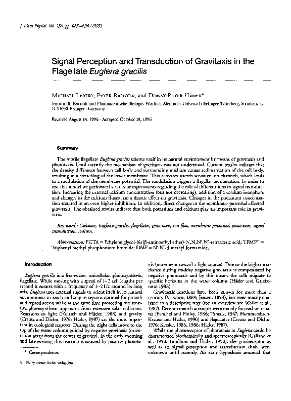 (PDF) Signal perception and transduction of gravitaxis in the ...