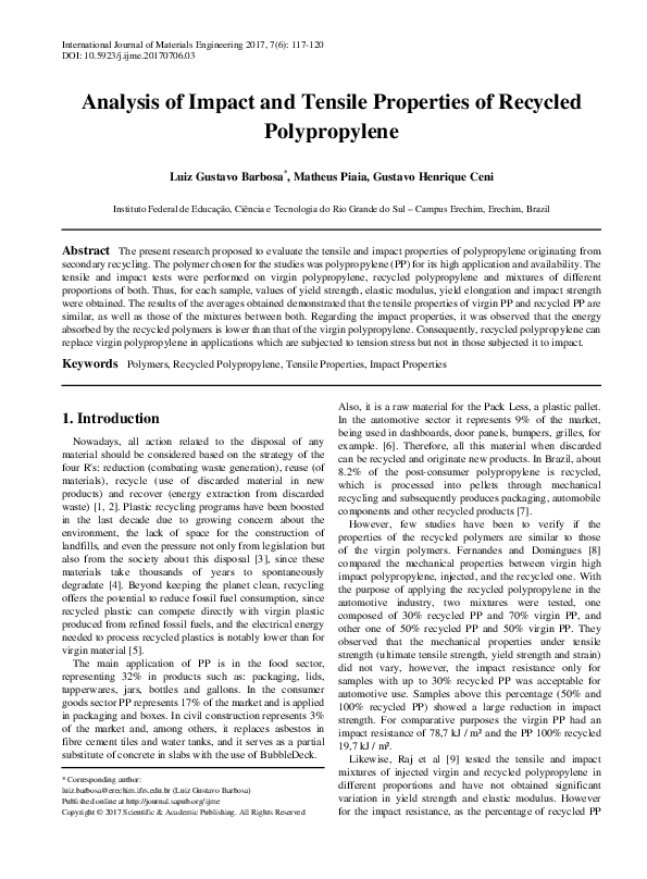(PDF) Analysis of Impact and Tensile Properties of Recycled Polypropylene