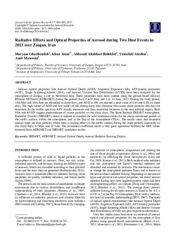 (PDF) Radiative Effects and Optical Properties of Aerosol during Two ...