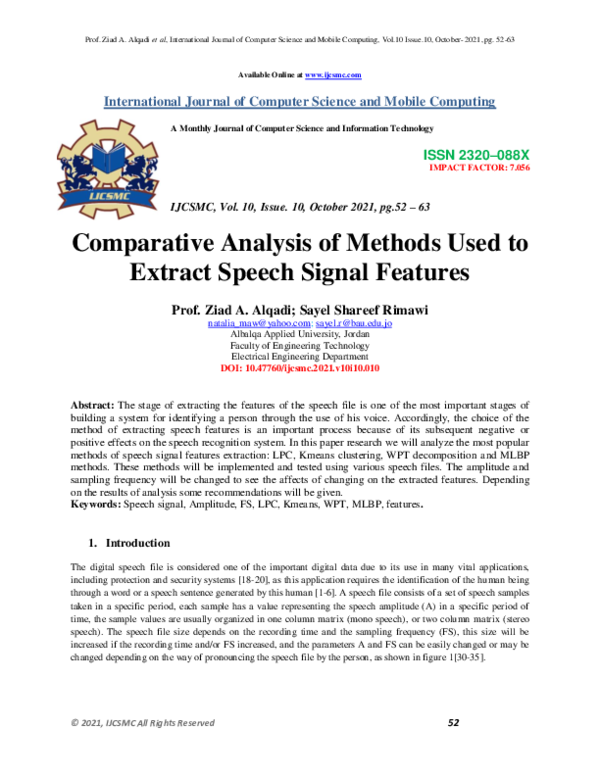 (PDF) Comparative Analysis of Methods Used to Extract Speech Signal ...