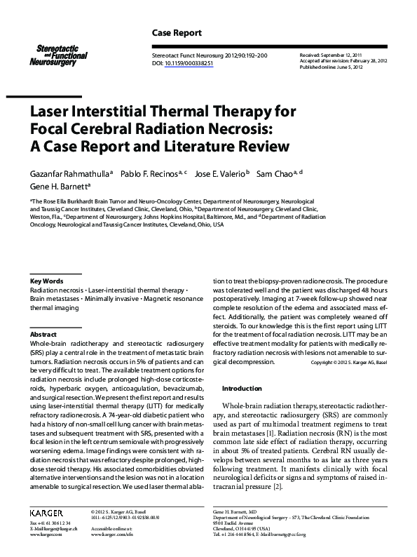 (PDF) Laser Interstitial Thermal Therapy for Focal Cerebral Radiation