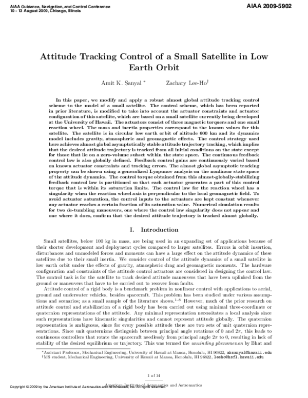 (PDF) Attitude Tracking Control of a Small Satellite in Low Earth Orbit