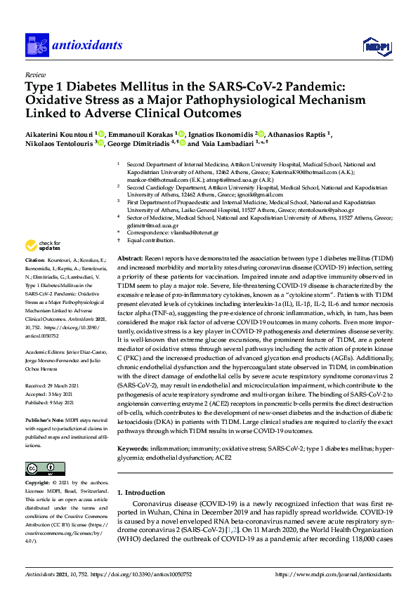 (PDF) Type 1 Diabetes Mellitus in the SARS-CoV-2 Pandemic: Oxidative ...