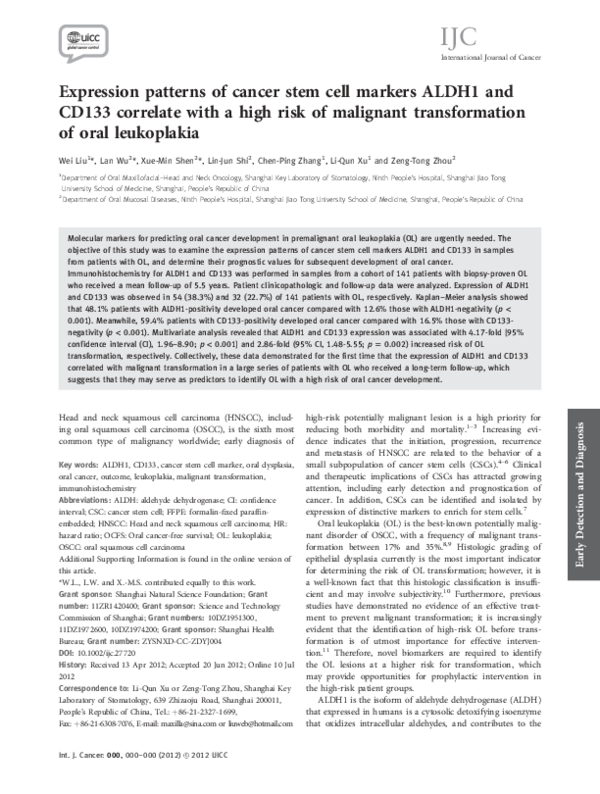 (PDF) Expression patterns of cancer stem cell markers ALDH1 and CD133 ...