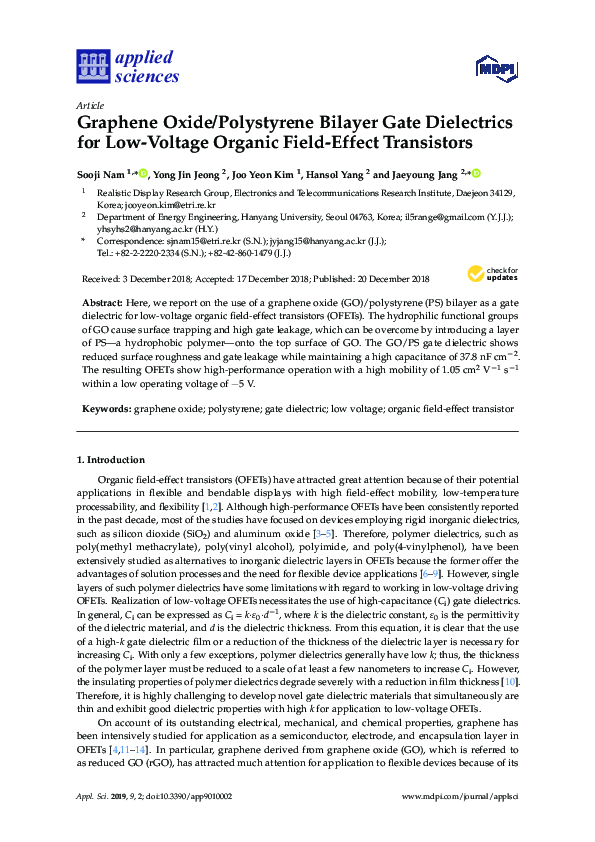(PDF) Graphene Oxide/Polystyrene Bilayer Gate Dielectrics for Low ...
