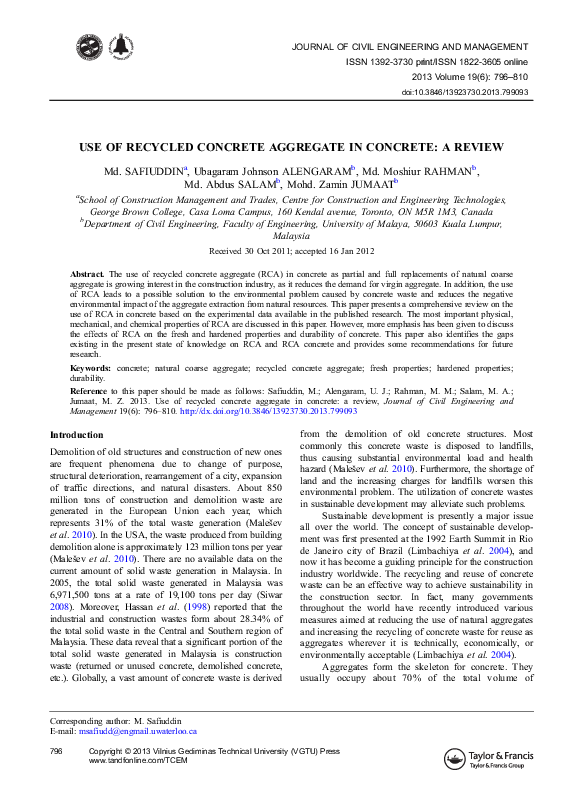 (PDF) Use of recycled concrete aggregate in concrete: a review