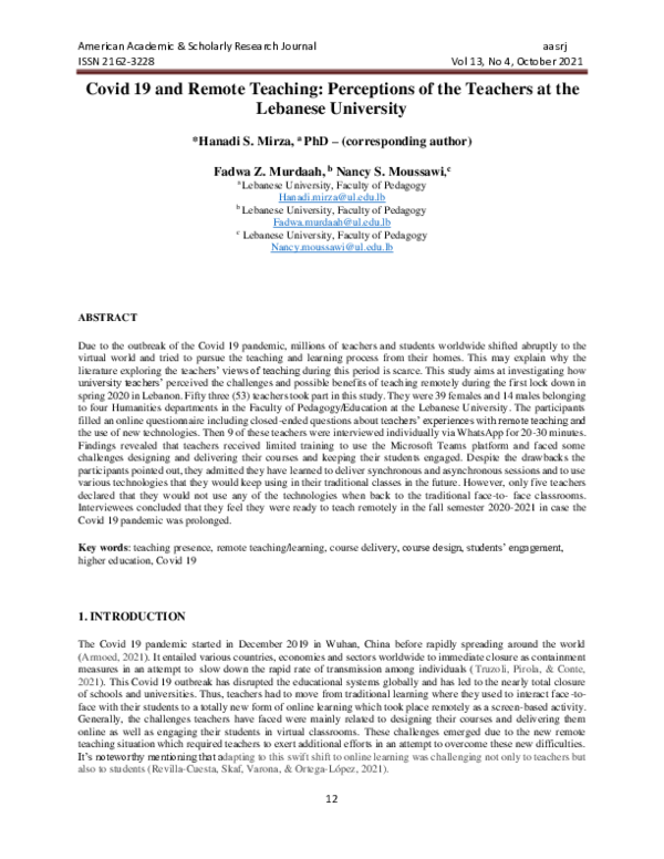 (PDF) Covid 19 and Remote Teaching: Perceptions of the Teachers at the ...