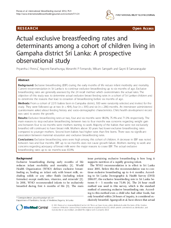 (PDF) Actual exclusive breastfeeding rates and determinants among a ...