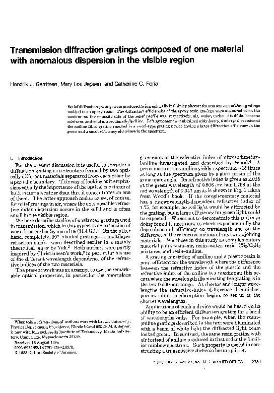 (PDF) Transmission diffraction gratings composed of one material with