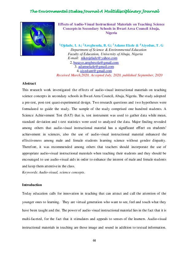 (PDF) Effects of AudioVisual Instructional Materials on Teaching Science Concepts in Secondary