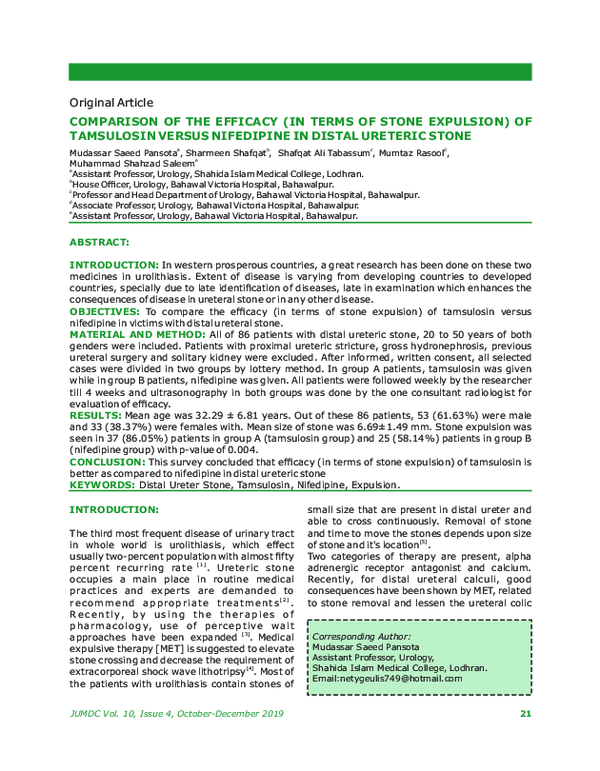 (PDF) Comparison of the Efficacy (In Terms of Stone Expulsion) of ...