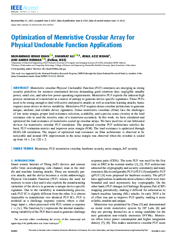 (PDF) Optimization of Memristive Crossbar Array for Physical Unclonable ...