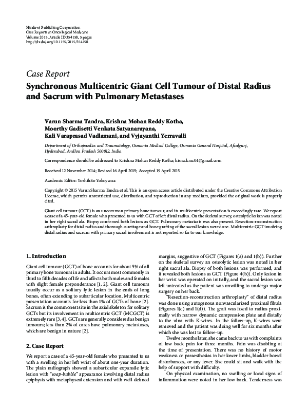 (PDF) Synchronous Multicentric Giant Cell Tumour of Distal Radius and ...