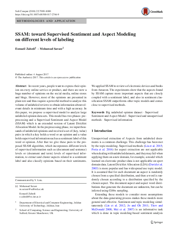 (PDF) SSAM: toward Supervised Sentiment and Aspect Modeling on ...