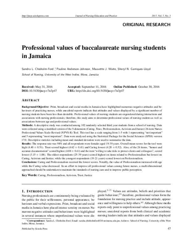 (PDF) Professional values of baccalaureate nursing students in Jamaica