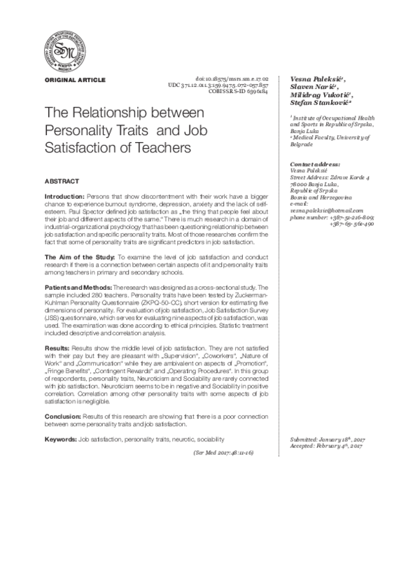 (PDF) The Relationship between Personality Traits and Job Satisfaction ...